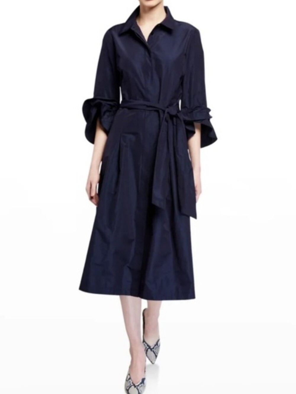 Lafayette 148 New York Hughes Midi Shirtdress Dress Navy Blue Ruffle Cuffs L - Picture 10 of 10